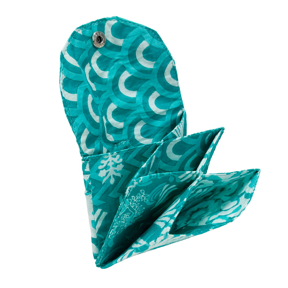 NavoJuno teal floral cotton batua open sections card holder handmade jaipur rajasthan