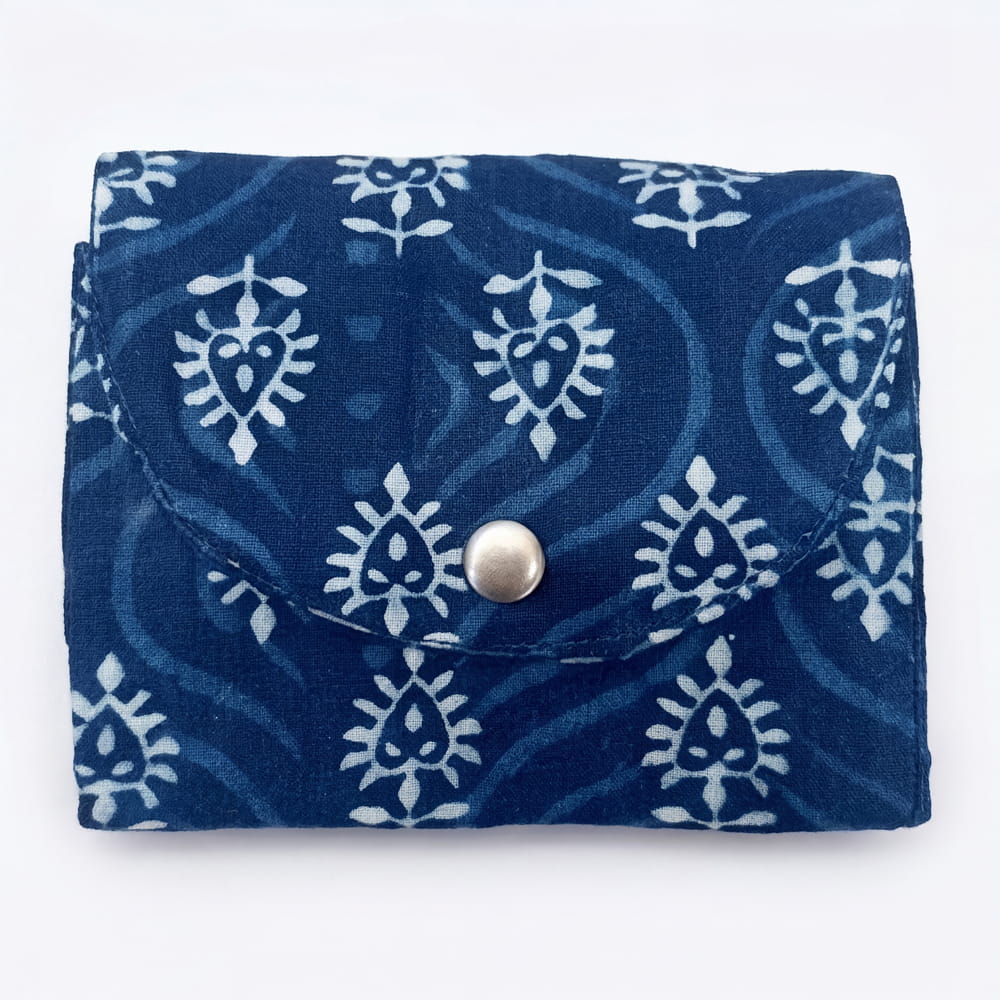 NavoJuno slim indigo bootie floral batua pouch handmade block print cotton indigo blue jaipur
