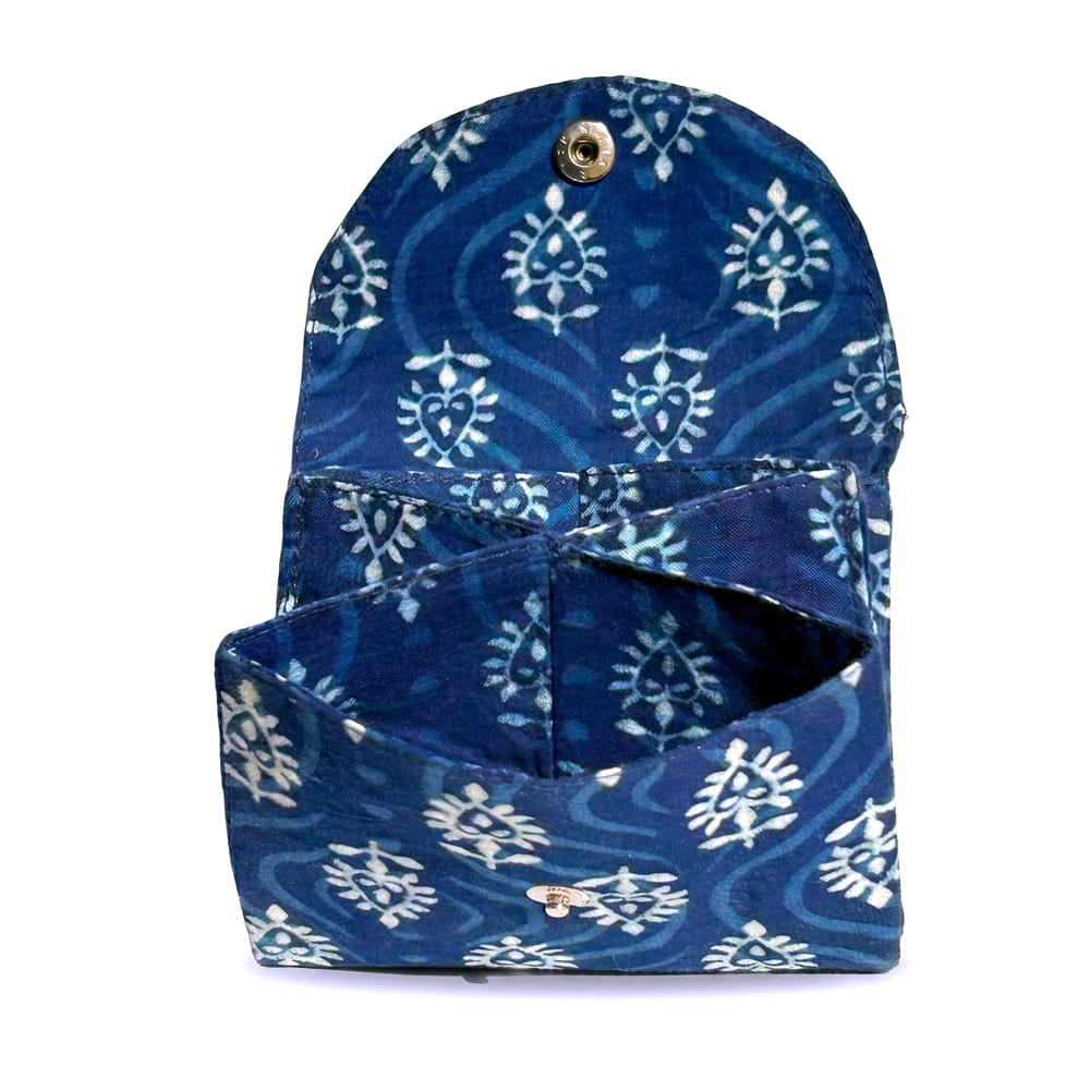 NavoJuno indigo boota floral cotton batua open sections card holder handmade jaipur rajasthan