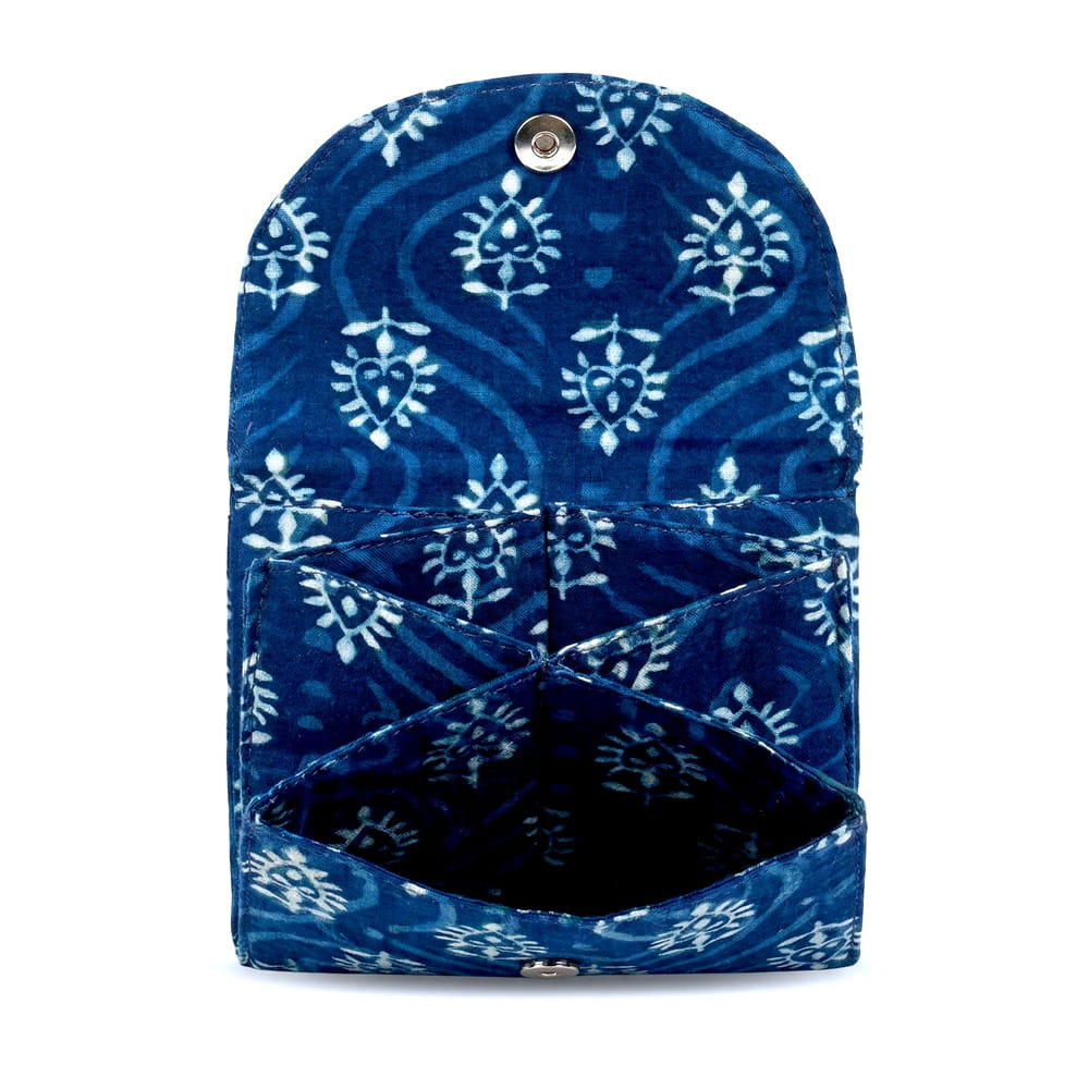 NavoJuno indigo bootie floral cotton batua open sections card holder handmade jaipur rajasthan