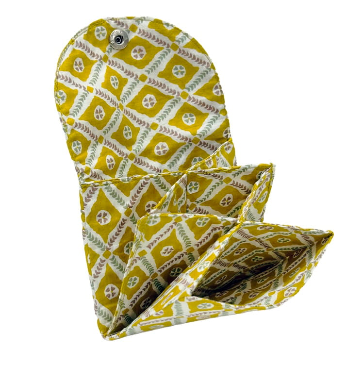 NavoJuno mustard pattern batua open sections card holder handmade jaipur rajasthan