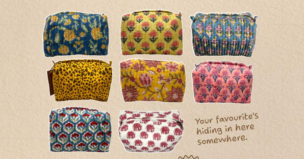 Eight handcrafted printed cotton zip pouches in floral, leopard and elephant prints, ideal wedding return gifts