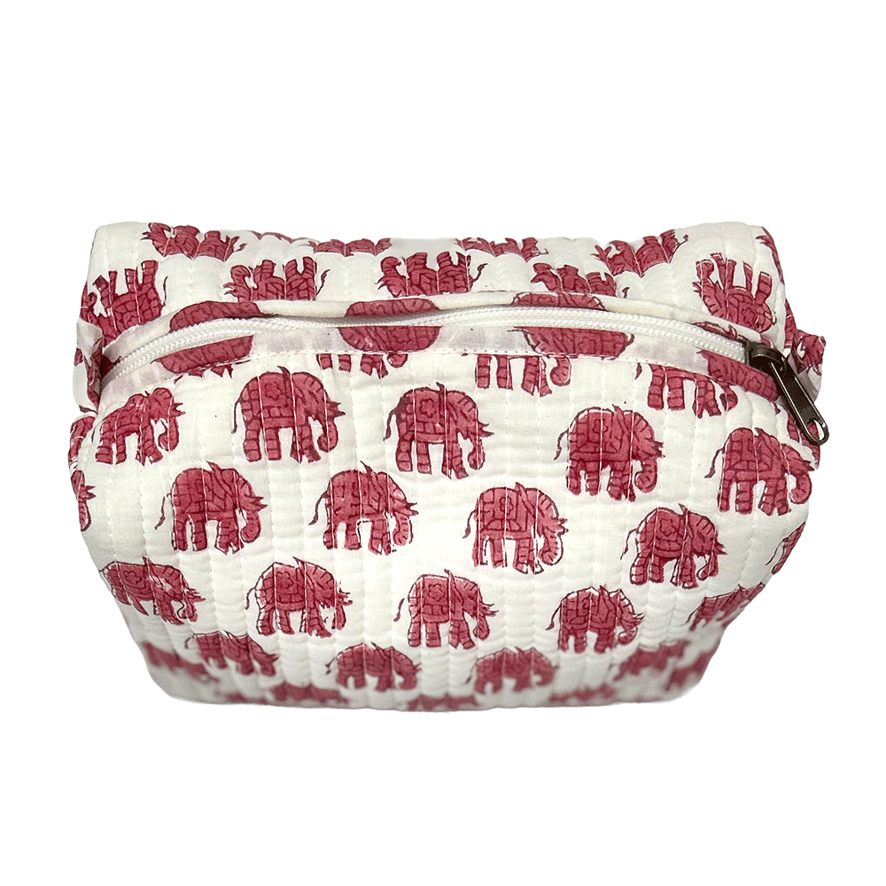 Ivory White Royal Elephant Print Quilted Cotton Pouch