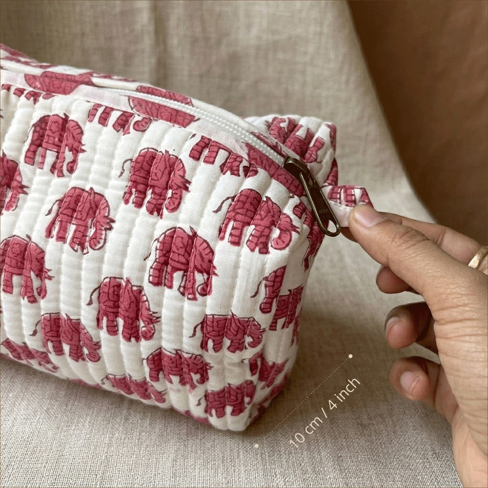 Ivory White Royal Elephant Print Quilted Cotton Pouch - Image 3