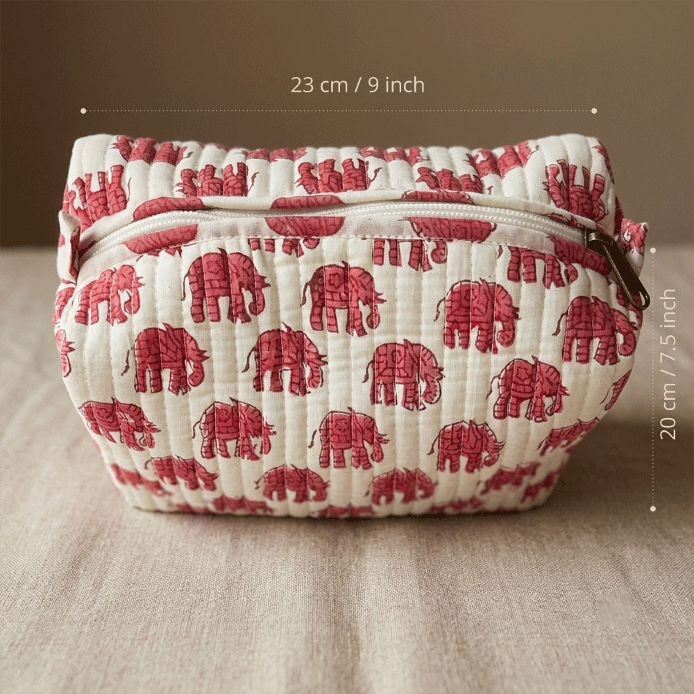 Ivory White Royal Elephant Print Quilted Cotton Pouch - Image 4