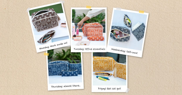Five printed cotton quilted pouches in brown, orange, blue and mustard, each holding work, office and self-care essentials through the week