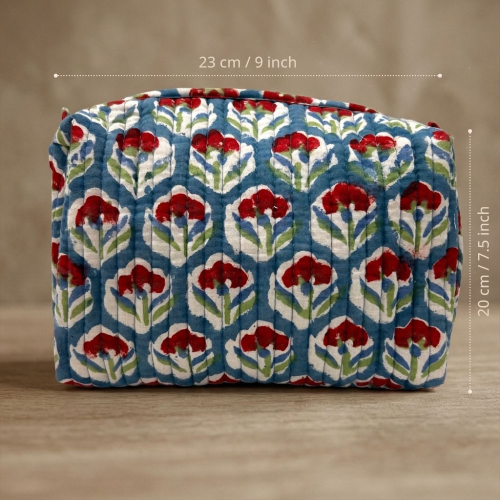 Red & White Floral Quilted Cotton Travel Pouch - Image 2