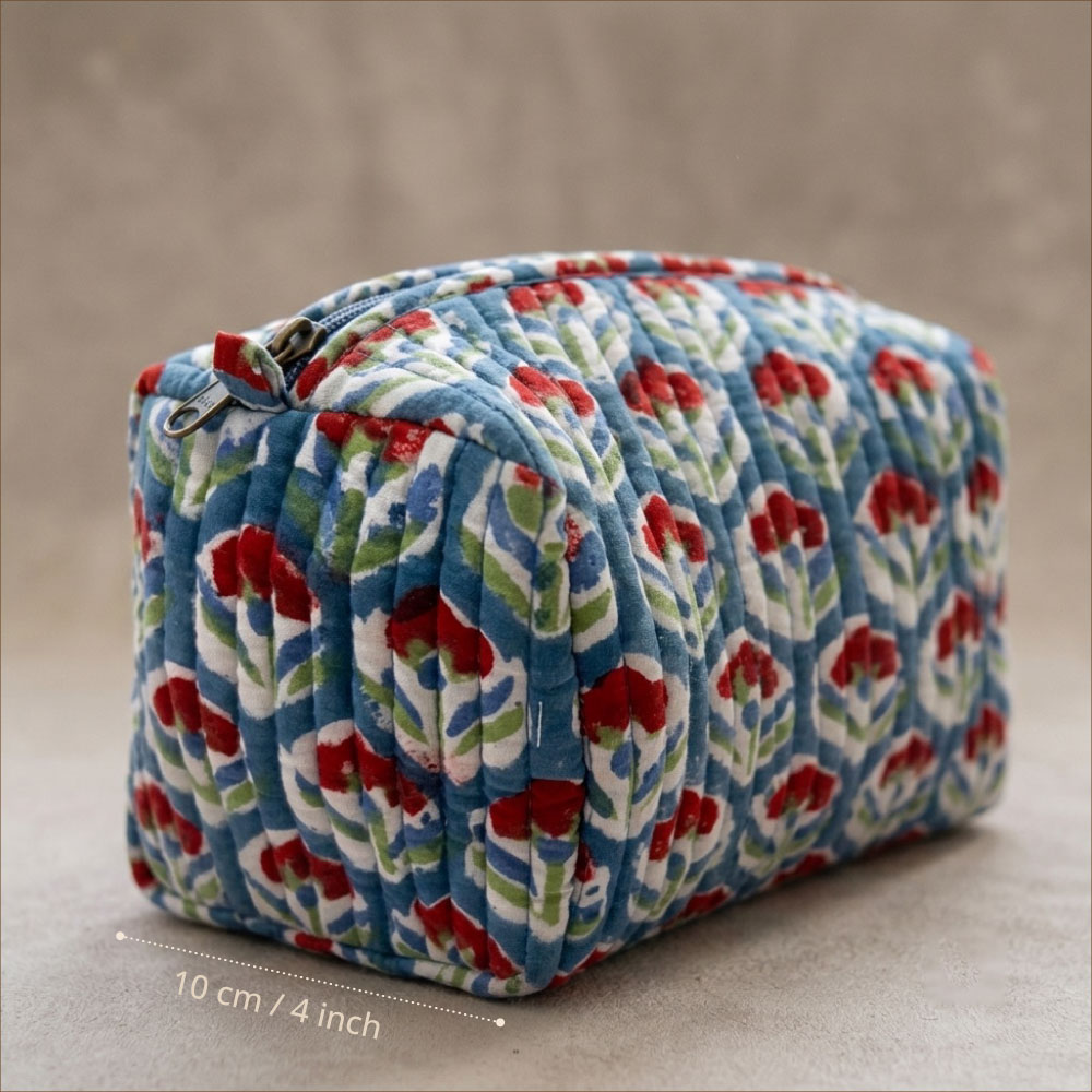 Red & White Floral Quilted Cotton Travel Pouch - Image 3