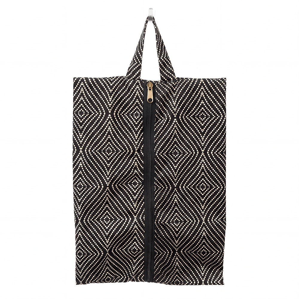 Monochrome Geometric Diamond Printed Cotton Shoe Pouch