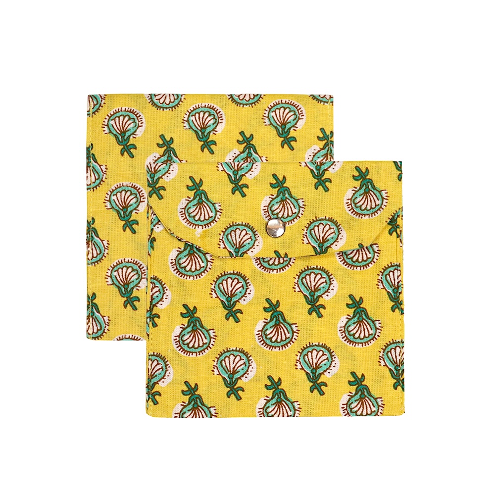 Premium Cotton Sanitary Pad Pouch (Set of 2) – Yellow Mughal Booti