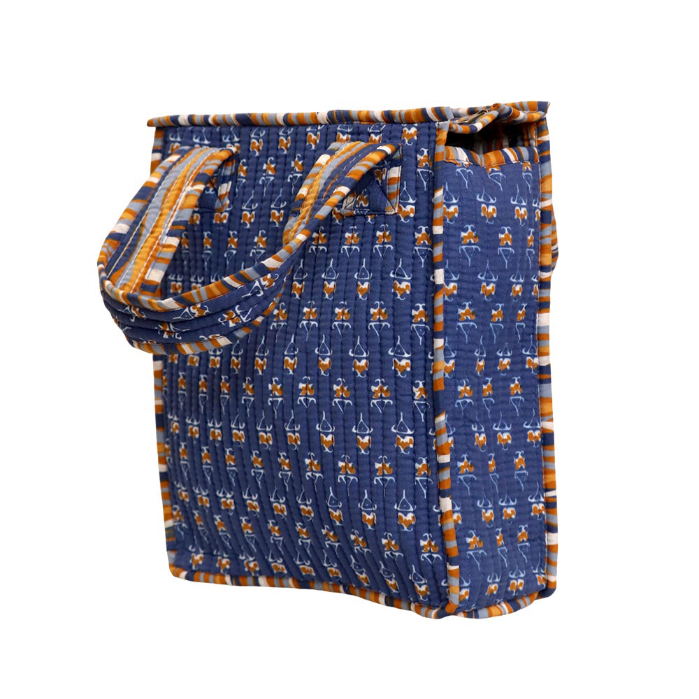 Indigo Rust Buta Companion Bag | Handcrafted Jaipuri Printed Cotton Tote & Tiffin Bag - Image 2