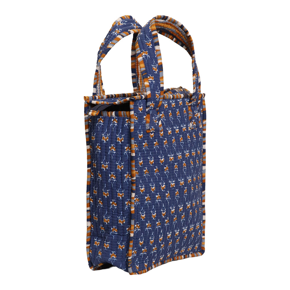 Indigo Rust Buta Companion Bag | Handcrafted Jaipuri Printed Cotton Tote & Tiffin Bag