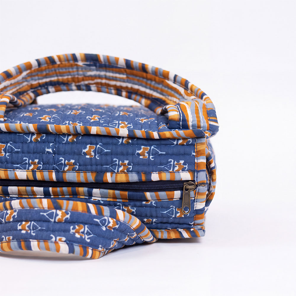 Indigo Rust Buta Companion Bag | Handcrafted Jaipuri Printed Cotton Tote & Tiffin Bag - Image 3
