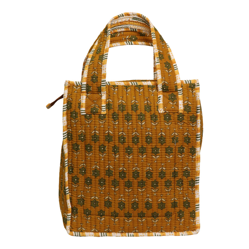 Mustard Bloom Jaipuri Printed Cotton Tiffin Bag | Handcrafted Quilted Lunch Tote