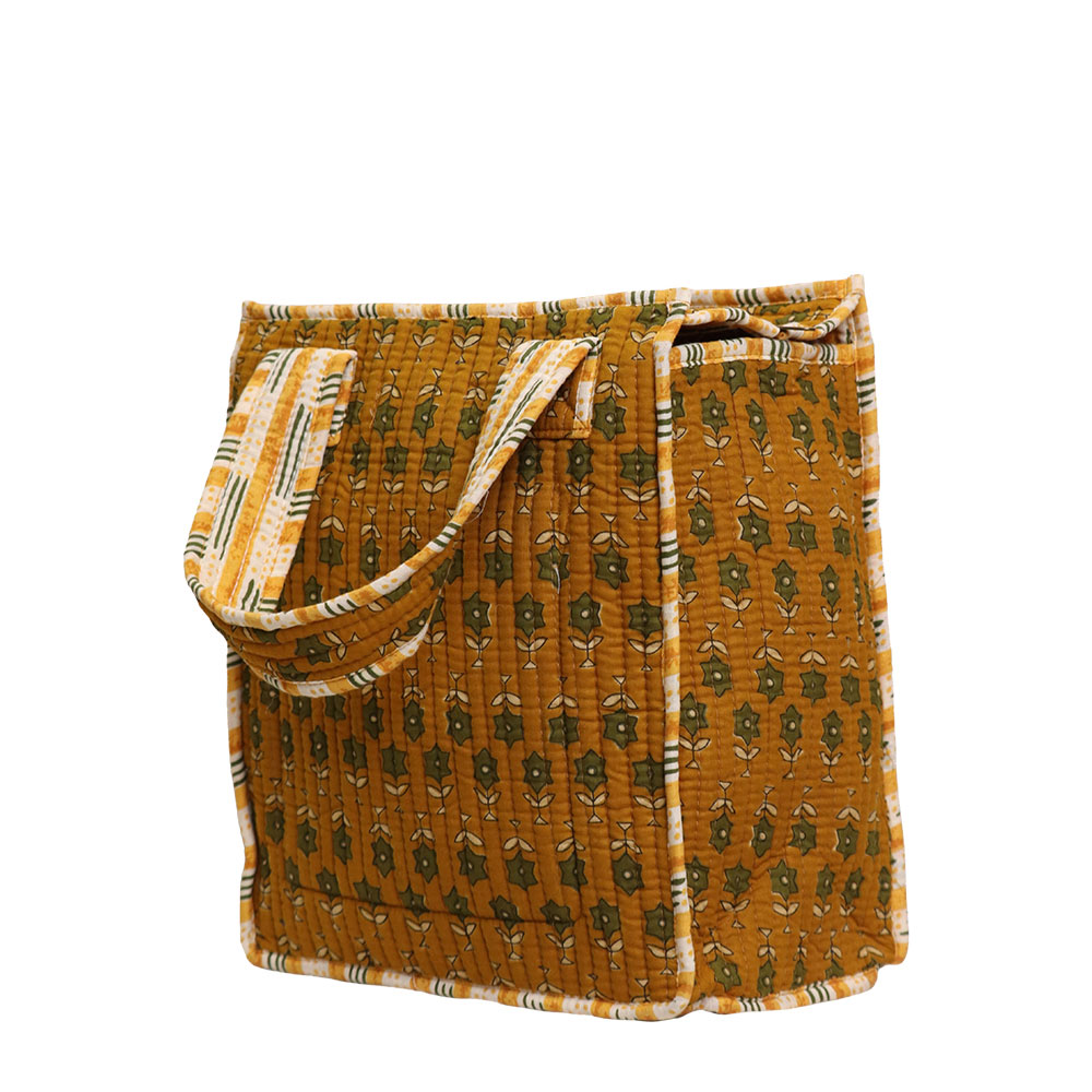 Mustard Bloom Jaipuri Printed Cotton Tiffin Bag | Handcrafted Quilted Lunch Tote - Image 3