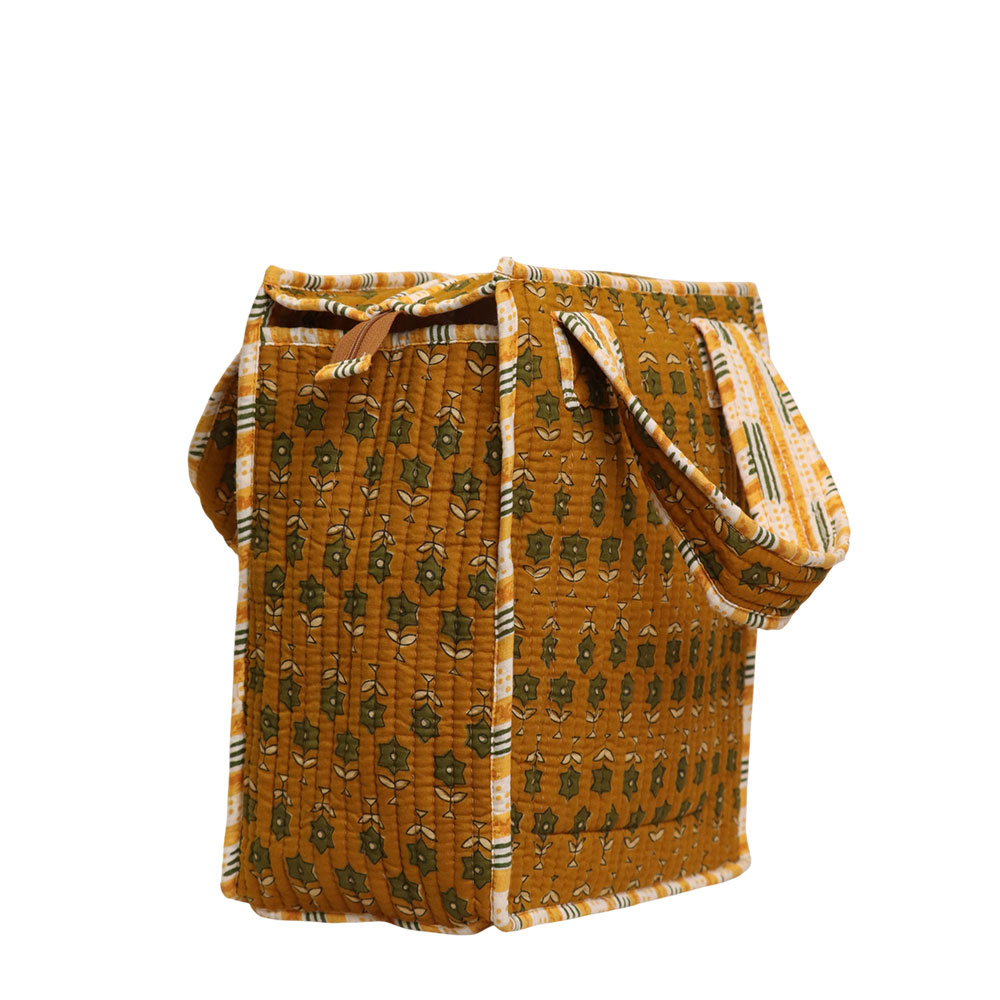 Mustard Bloom Jaipuri Printed Cotton Tiffin Bag | Handcrafted Quilted Lunch Tote - Image 2