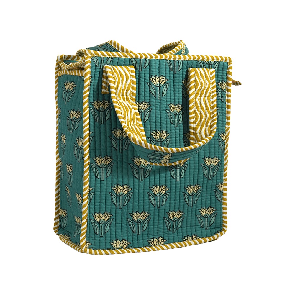 Teal Bloom Quilted Cotton Tiffin Bag – Handcrafted Lunch Bag with Inside Bottle Holder - Image 2
