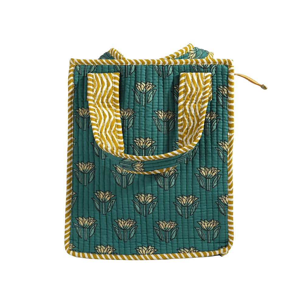 Teal Bloom Quilted Cotton Tiffin Bag – Handcrafted Lunch Bag with Inside Bottle Holder