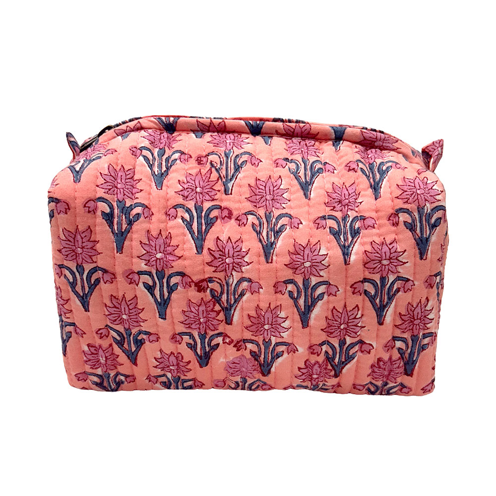 Rose Pink Mughal Floral Boota Quilted Cotton Vanity Bag