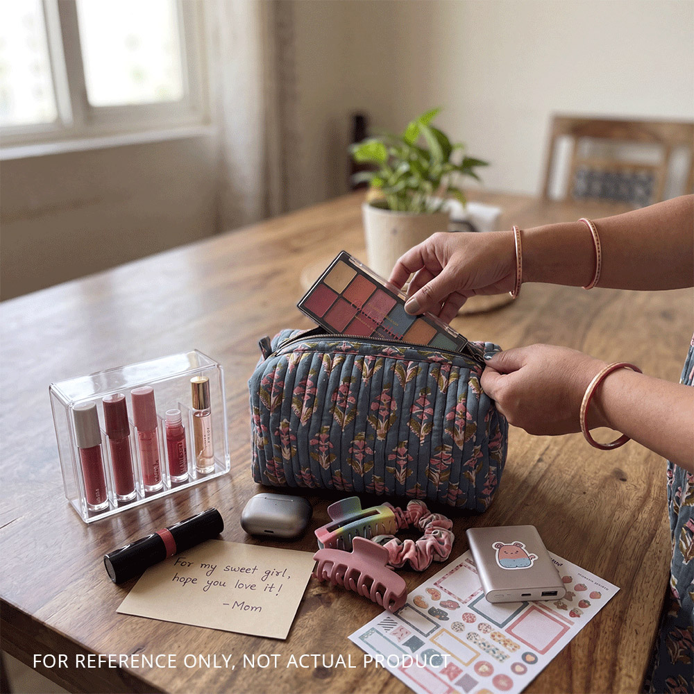 Slate Blue & Pink Mughal Boota Quilted Cotton Cosmetic Pouch - Image 4