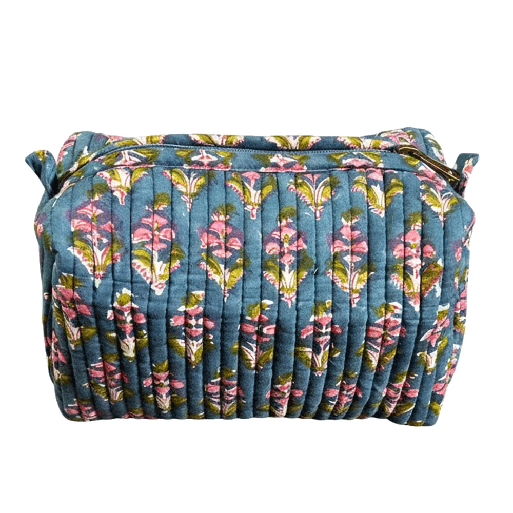 Slate Blue & Pink Mughal Boota Quilted Cotton Cosmetic Pouch