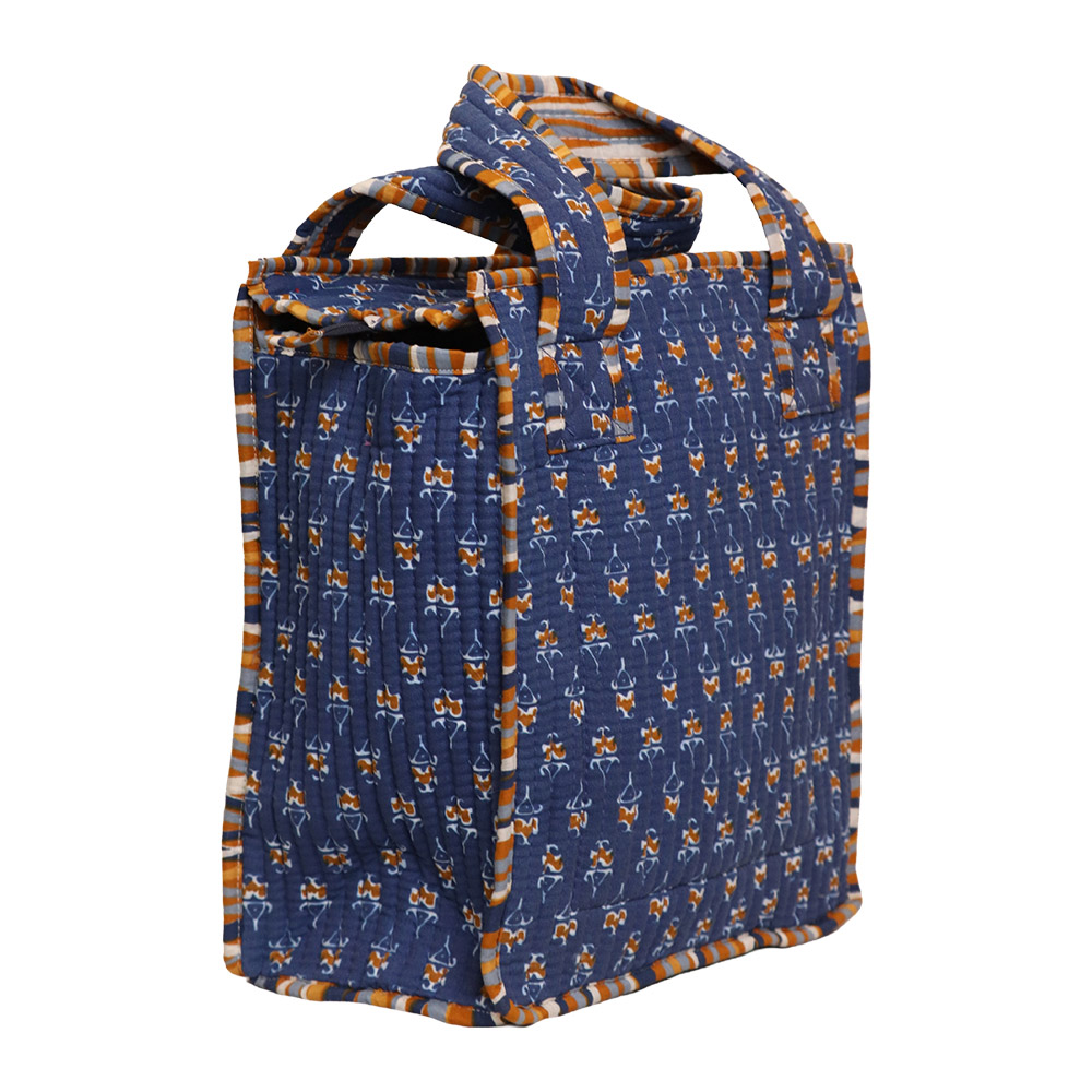 Indigo Rust Buta Tiffin Bag | Handcrafted Jaipuri Printed Cotton Tote & Tiffin Bag - Image 2